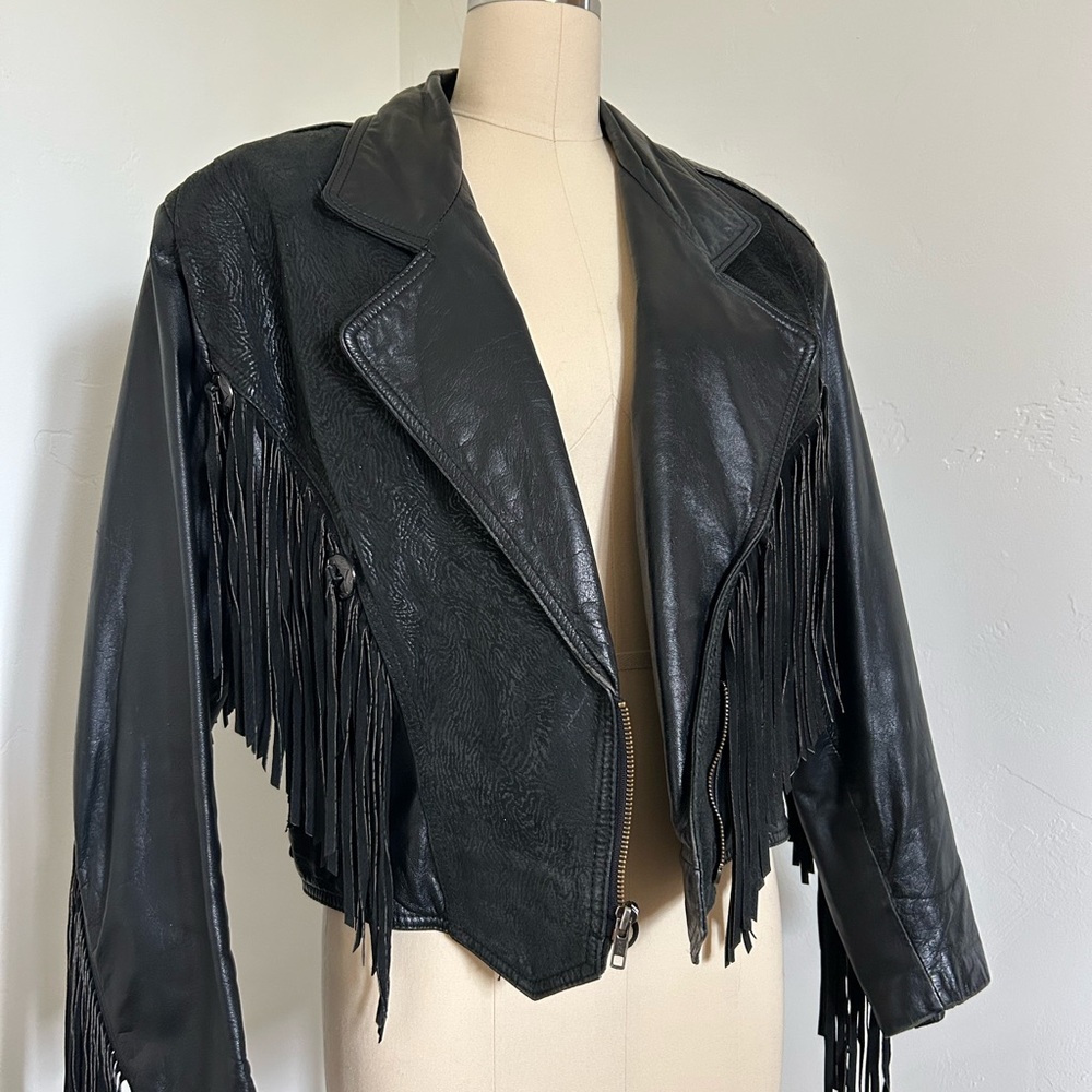 Vintage Black Leather Fringe Jacket | Size L